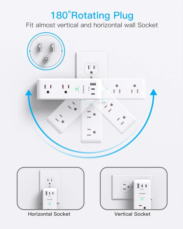 Alt view image 2 of 7 - Surge Protector Outlet Extender with Rotating Plug, Multi Plug Wall Outlet 6 AC Outlet Splitter 3 USB Ports (2 USB C),1800J USB Wall Charger, Plug Adapter Power Strip for Home Office Dorm Room Travel