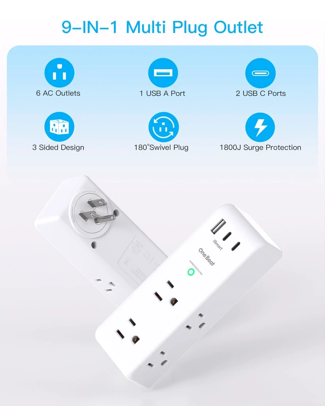 Alt view image 3 of 7 - Surge Protector Outlet Extender with Rotating Plug, Multi Plug Wall Outlet 6 AC Outlet Splitter 3 USB Ports (2 USB C),1800J USB Wall Charger, Plug Adapter Power Strip for Home Office Dorm Room Travel