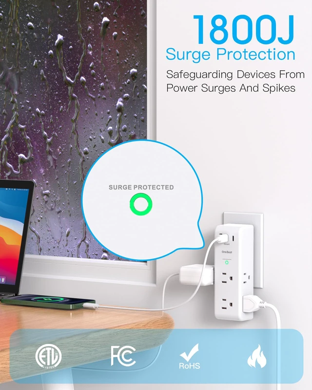 Alt view image 5 of 7 - Surge Protector Outlet Extender with Rotating Plug, Multi Plug Wall Outlet 6 AC Outlet Splitter 3 USB Ports (2 USB C),1800J USB Wall Charger, Plug Adapter Power Strip for Home Office Dorm Room Travel