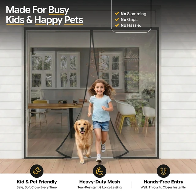 Alt view image 7 of 7 - Magnetic Screen Door - Self Sealing, Heavy Duty, Hands Free Mesh Partition Keeps Bugs Out - Pet and Kid Friendly - Patent Pending Keep Open Feature - 74 Inch x 81 Inch