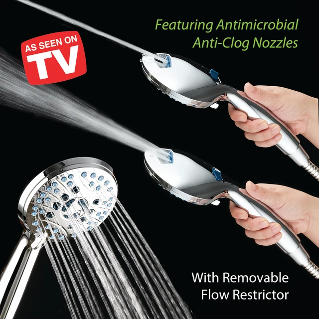 Alt view image 2 of 7 - AquaCare 8-mode High Pressure Handheld Shower Head with 2-mode Power Wash Stay Clean Nozzles, Dual Power Wash for Tub, Tile & Pets, Long 6 ft. Stainless Steel Hose, Wall & Overhead Brackets / Chrome