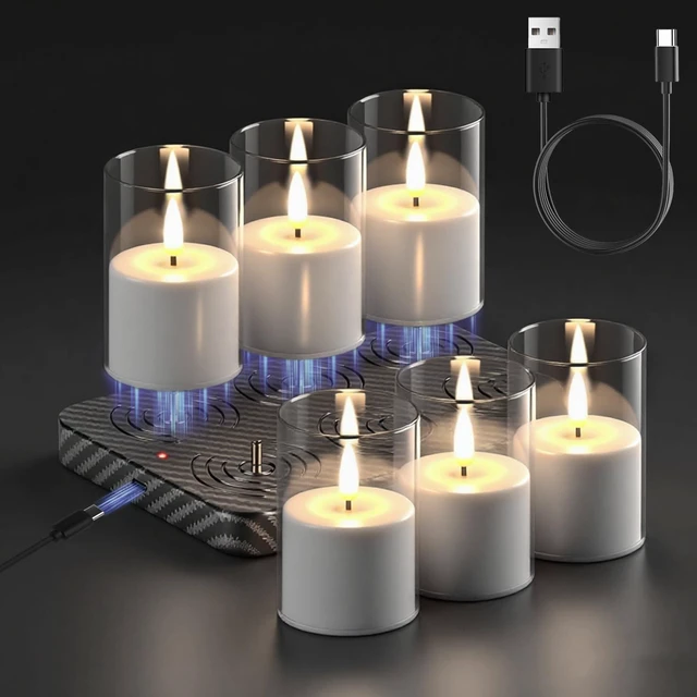 Main image of Rechargeable LED Flameless Candles Battery Operated Remote Timer Charging Base, Pillar LED Fake Candles, Realistic 3D Flame, Wedding, Christmas Party Holiday Decor, 6 Pack, 2 x 3.2 In, Clear