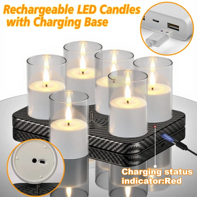 Alt view image 2 of 7 - Rechargeable LED Flameless Candles Battery Operated Remote Timer Charging Base, Pillar LED Fake Candles, Realistic 3D Flame, Wedding, Christmas Party Holiday Decor, 6 Pack, 2 x 3.2 In, Clear