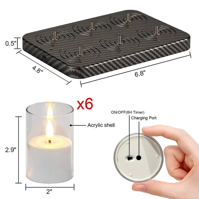 Alt view image 7 of 7 - Rechargeable LED Flameless Candles Battery Operated Remote Timer Charging Base, Pillar LED Fake Candles, Realistic 3D Flame, Wedding, Christmas Party Holiday Decor, 6 Pack, 2 x 3.2 In, Clear