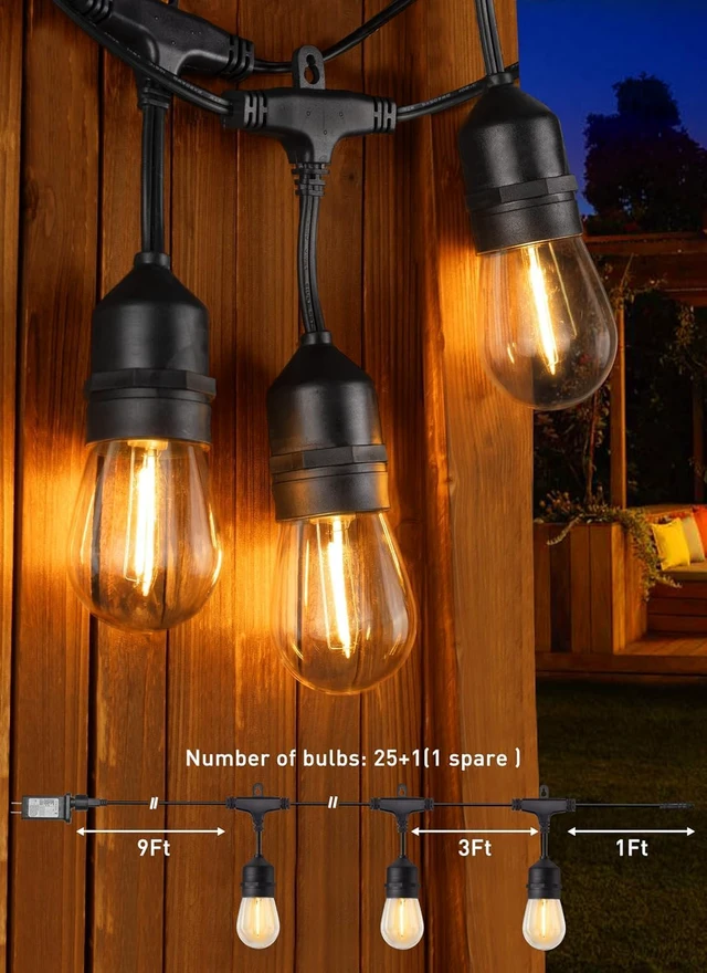 Alt view image 6 of 7 - 82FT Outdoor String Lights - 25 LED Bulbs Patio Lights with Remote, Timer, Dimmable, Waterproof Connectable Hanging Outside Lights for Backyard Bistro Porch Deck Party Wedding