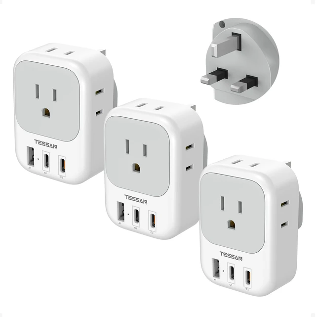 Main image of UK Adapters for Travel 3 Pack, Type G Plug Adapter PD 20W, 4 AC Outlets, 3 USB Ports (2 USB C), US to UK Ireland England London Dubai Scotland Hong Kong UAE, For Travel