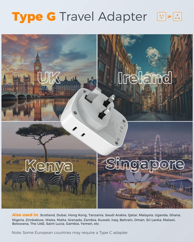 Alt view image 2 of 7 - UK Adapters for Travel 3 Pack, Type G Plug Adapter PD 20W, 4 AC Outlets, 3 USB Ports (2 USB C), US to UK Ireland England London Dubai Scotland Hong Kong UAE, For Travel