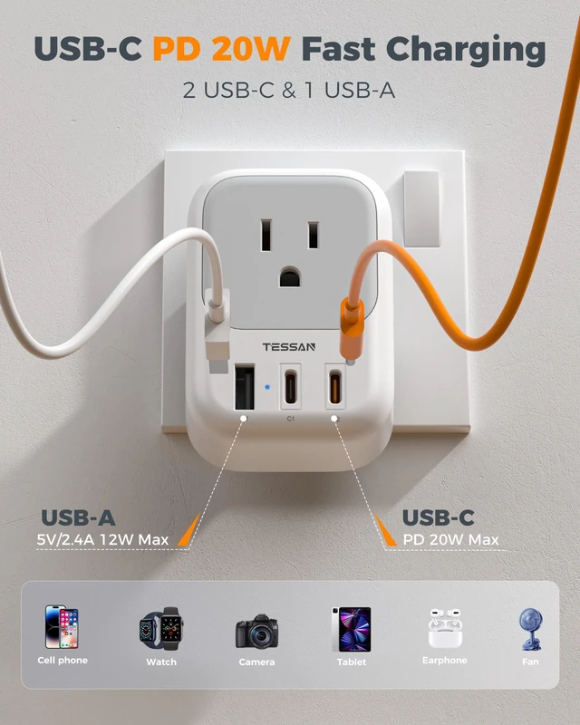 Alt view image 3 of 7 - UK Adapters for Travel 3 Pack, Type G Plug Adapter PD 20W, 4 AC Outlets, 3 USB Ports (2 USB C), US to UK Ireland England London Dubai Scotland Hong Kong UAE, For Travel