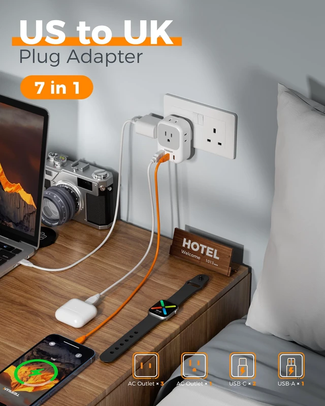 Alt view image 4 of 7 - UK Adapters for Travel 3 Pack, Type G Plug Adapter PD 20W, 4 AC Outlets, 3 USB Ports (2 USB C), US to UK Ireland England London Dubai Scotland Hong Kong UAE, For Travel