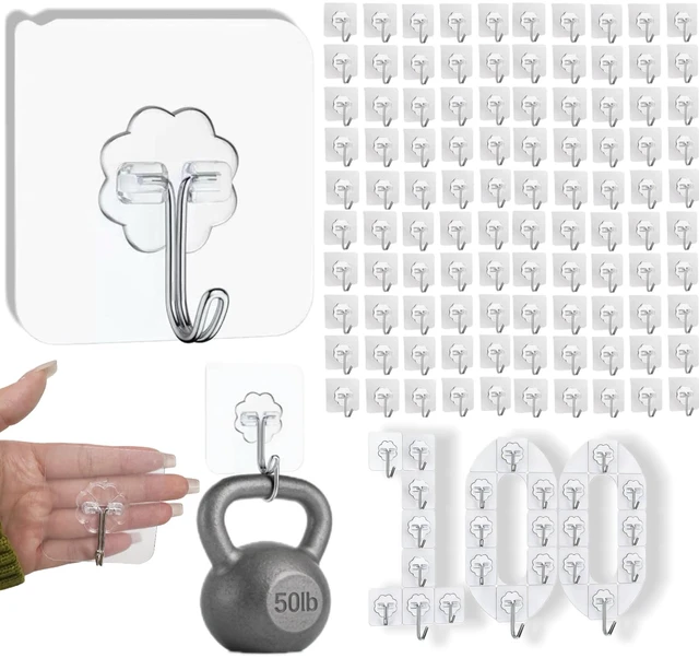 Main image of 100 Pack Heavy Duty Self Adhesive Hooks 50 lbs Transparent Reusable Sticky Wall Hooks for Hanging Waterproof Adhesive Hooks for Kitchen, Towel, Bathroom Shower, Office, and Outdoor No Damage