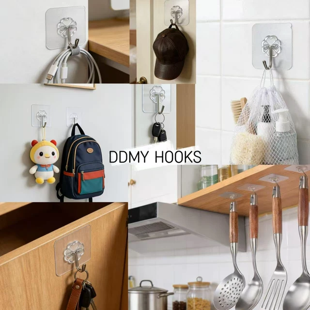 Alt view image 3 of 7 - 100 Pack Heavy Duty Self Adhesive Hooks 50 lbs Transparent Reusable Sticky Wall Hooks for Hanging Waterproof Adhesive Hooks for Kitchen, Towel, Bathroom Shower, Office, and Outdoor No Damage