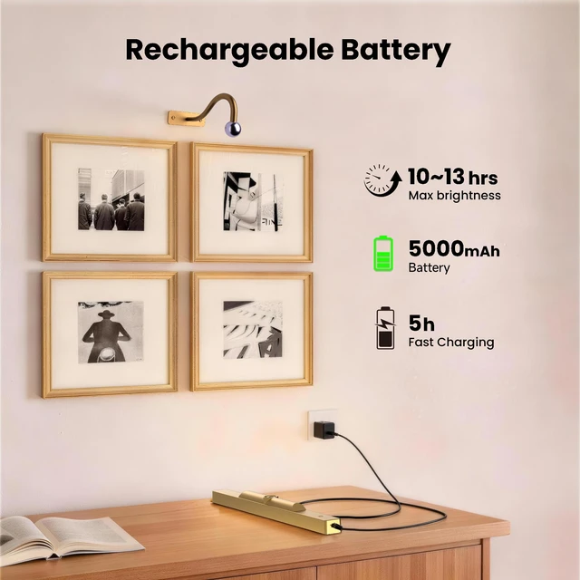 Alt view image 5 of 7 - Wireless Picture Light Battery Operated, 16in Picture Light for Wal, 2Pack Rechargeable 5000mAh Battery Wall Sconce for Wall Pictures, Gallery Artwork, Paintings, Portraits, Dartboards_Antique Gold
