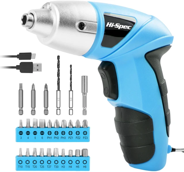 Main image of 3.6V USB Electric Screwdriver for Home Repairs and Assembly, Blue 27pc, fast assembly help, common screw bit selection, LED visibility, compact grip, quick household fixes, organized storage
