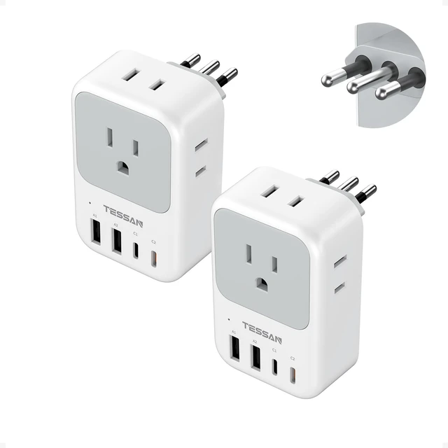 Main image of Italy Travel Plug Adapter 2 Pack, PD 20W Type L Power Adapter 4 AC Outlets 4 USB Ports (2 USB C), Type L Adaptor, US to Italian Chile Rome Milan Libya Uruguay