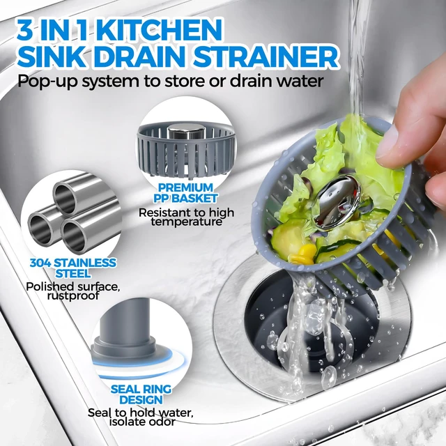 Alt view image 2 of 7 - 3 in 1 Kitchen Sink Drain Strainer Stopper Removable Basket Pop-Up Kitchen Sink Accessories 2 Pack Silver Stainless - Food Catcher, Odor-Blocking Seal, Fits 3.5" Drain, Easy Clean