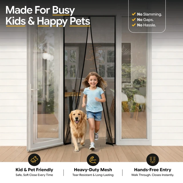 Alt view image 7 of 7 - Magnetic Screen Door - Self Sealing, Heavy Duty, Hands Free Mesh Partition Keeps Bugs Out - Pet and Kid Friendly - Patent Pending Keep Open Feature - 38 Inch x 97 Inch