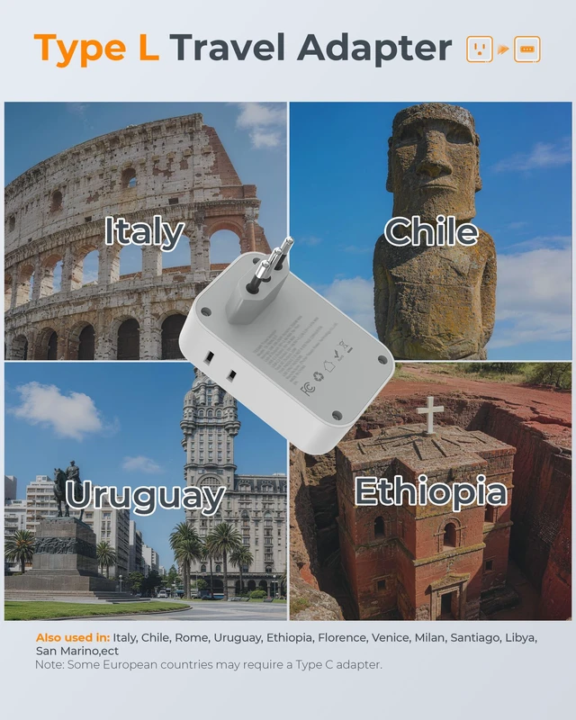 Alt view image 2 of 7 - Italy Travel Plug Adapter 2 Pack, PD 20W Type L Power Adapter 4 AC Outlets 4 USB Ports (2 USB C), Type L Adaptor, US to Italian Chile Rome Milan Libya Uruguay