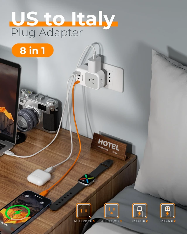 Alt view image 4 of 7 - Italy Travel Plug Adapter 2 Pack, PD 20W Type L Power Adapter 4 AC Outlets 4 USB Ports (2 USB C), Type L Adaptor, US to Italian Chile Rome Milan Libya Uruguay