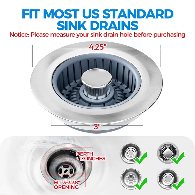 Alt view image 7 of 7 - 3 in 1 Kitchen Sink Drain Strainer Stopper Removable Basket Pop-Up Kitchen Sink Accessories 2 Pack Silver Stainless - Food Catcher, Odor-Blocking Seal, Fits 3.5" Drain, Easy Clean