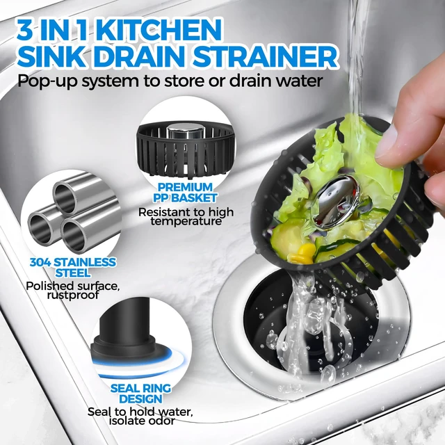 Alt view image 2 of 7 - 3 in 1 Kitchen Sink Drain Strainer Stopper Removable Basket Pop-Up Kitchen Sink Accessories 2 Pack Black Stainless - Food Catcher, Odor-Blocking Seal, Fits 3.5" Drain, Easy Clean