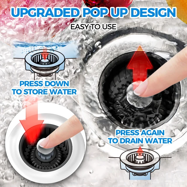 Alt view image 3 of 7 - 3 in 1 Kitchen Sink Drain Strainer Stopper Removable Basket Pop-Up Kitchen Sink Accessories 2 Pack Black Stainless - Food Catcher, Odor-Blocking Seal, Fits 3.5" Drain, Easy Clean