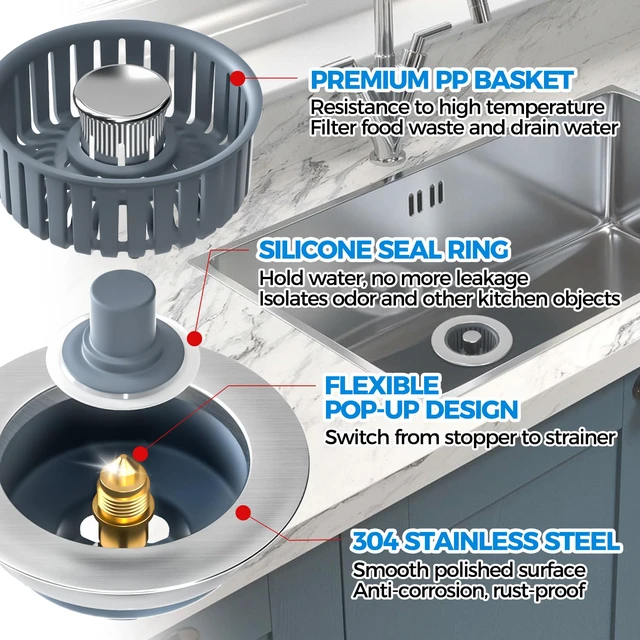 Alt view image 5 of 7 - 3 in 1 Kitchen Sink Drain Strainer Stopper Removable Basket Pop-Up Kitchen Sink Accessories 2 Pack Silver Stainless - Food Catcher, Odor-Blocking Seal, Fits 3.5" Drain, Easy Clean