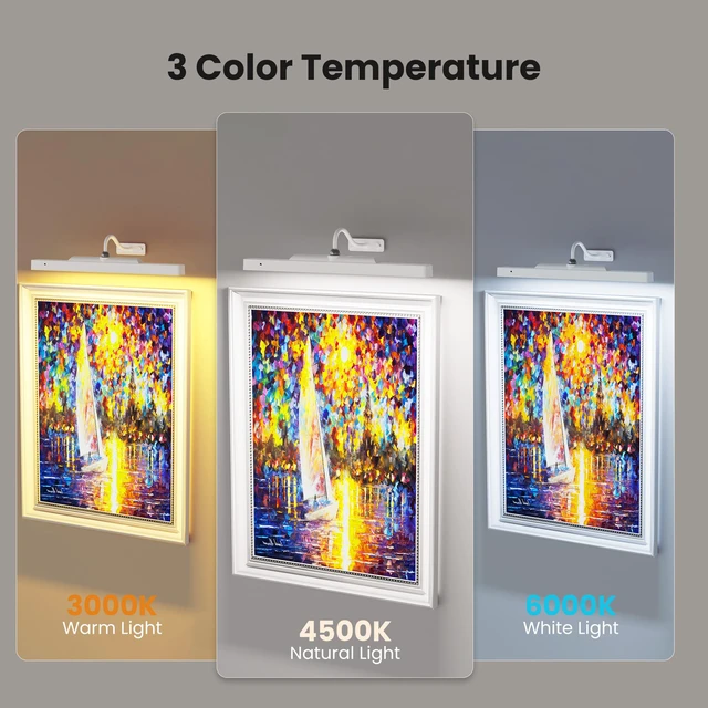 Alt view image 3 of 7 - Cordless White Picture Lights for Wall Artworks - Wireless Remote, 3 Modes Dimmable 350LM Above Frame Lighting, 5000mAh Rechargeable Battery Wall Mount for Photo, Gallery,Paintings,Dartboard(2-Pack)
