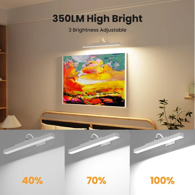 Alt view image 4 of 7 - Cordless White Picture Lights for Wall Artworks - Wireless Remote, 3 Modes Dimmable 350LM Above Frame Lighting, 5000mAh Rechargeable Battery Wall Mount for Photo, Gallery,Paintings,Dartboard(2-Pack)