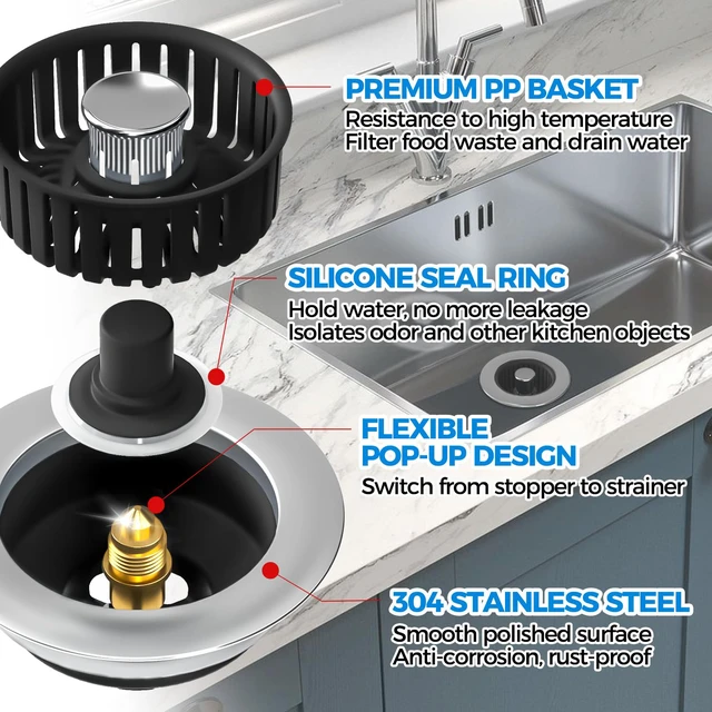 Alt view image 5 of 7 - 3 in 1 Kitchen Sink Drain Strainer Stopper Removable Basket Pop-Up Kitchen Sink Accessories 2 Pack Black Stainless - Food Catcher, Odor-Blocking Seal, Fits 3.5" Drain, Easy Clean