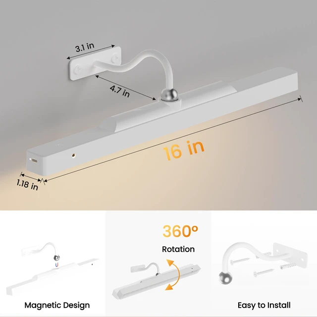 Alt view image 5 of 7 - Cordless White Picture Lights for Wall Artworks - Wireless Remote, 3 Modes Dimmable 350LM Above Frame Lighting, 5000mAh Rechargeable Battery Wall Mount for Photo, Gallery,Paintings,Dartboard(2-Pack)