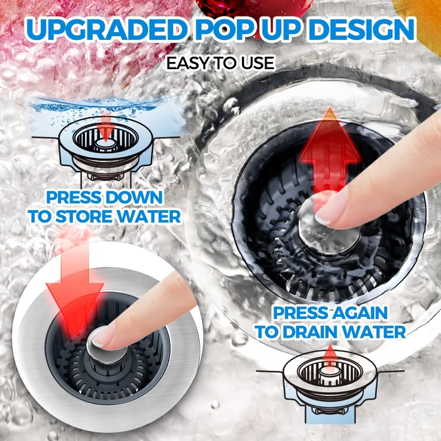 Alt view image 3 of 7 - 3 in 1 Kitchen Sink Drain Strainer Stopper Removable Basket Pop-Up Kitchen Sink Accessories 2 Pack Silver Stainless - Food Catcher, Odor-Blocking Seal, Fits 3.5" Drain, Easy Clean