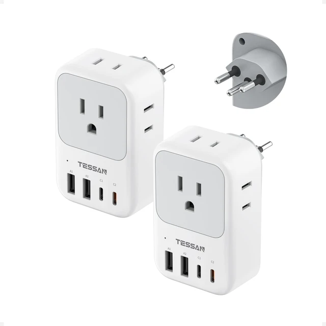 Main image of Switzerland Travel Plug Adapter 2 Pack, PD 20W Type J Adapter 4 AC Outlets, 4 USB Ports (2 USB C), Swiss Plug Adapter, US to Rwanda Jordan Liechtenstein Madagascar