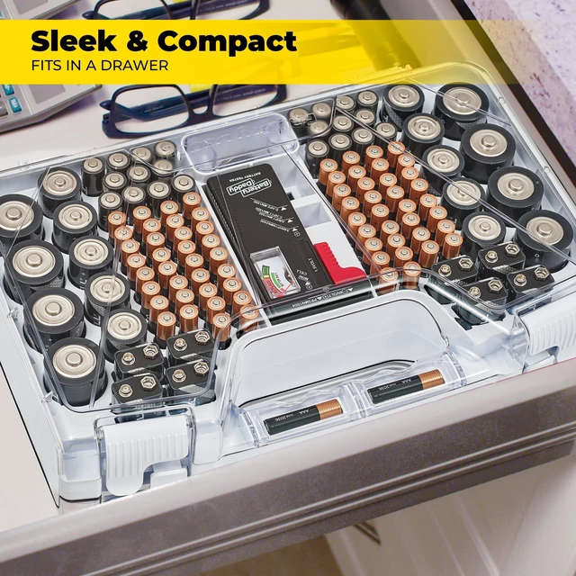 Alt view image 3 of 7 - Battery Daddy Storage & Organizer Case with Tester, Stores & Protects Up to 180 Batteries, Double-Sided, Clear Locking Lid, Secure Latches & Portable Carrying Handle - White (Batteries Not Included)