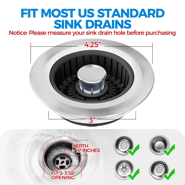 Alt view image 7 of 7 - 3 in 1 Kitchen Sink Drain Strainer Stopper Removable Basket Pop-Up Kitchen Sink Accessories 2 Pack Black Stainless - Food Catcher, Odor-Blocking Seal, Fits 3.5" Drain, Easy Clean