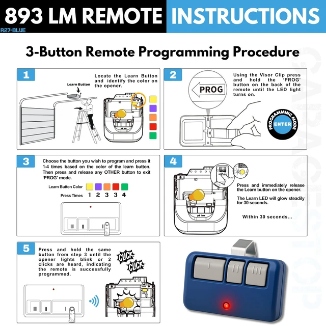 Alt view image 4 of 6 - 3X for 893LM 893Max 891LM Chamberlain Craftsman Liftmaster 3-Button Universal Door Opener Remote, Clicker Replacement for 5 Learn Button, Extra-long Range, Blue Shell