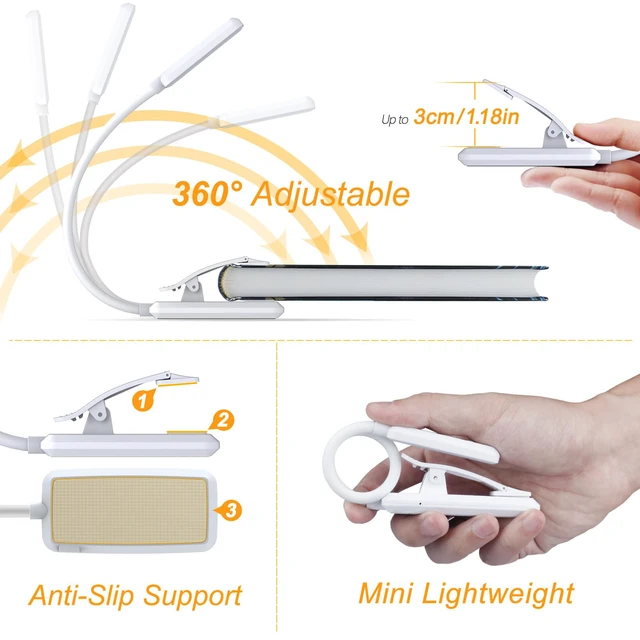 Alt view image 5 of 7 - 9 LED Rechargeable Book Light for Reading in Bed Eye Caring 3 Color Temps,Stepless Dimming Brightness,80 Hrs Runtime Small Lightweight Clip On Book Reading Light-White