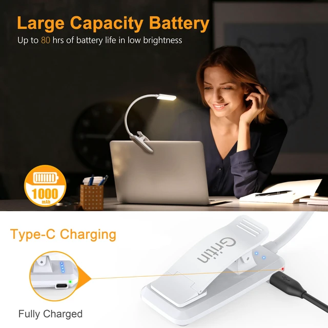 Alt view image 4 of 7 - 9 LED Rechargeable Book Light for Reading in Bed Eye Caring 3 Color Temps,Stepless Dimming Brightness,80 Hrs Runtime Small Lightweight Clip On Book Reading Light-White