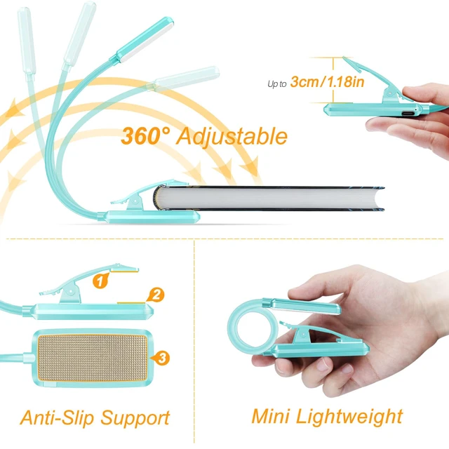 Alt view image 5 of 7 - 9 LED Rechargeable Book Light for Reading in Bed Eye Caring 3 Color Temps,Stepless Dimming Brightness,80 Hrs Runtime Small Lightweight Clip On Book Reading Light-Blue