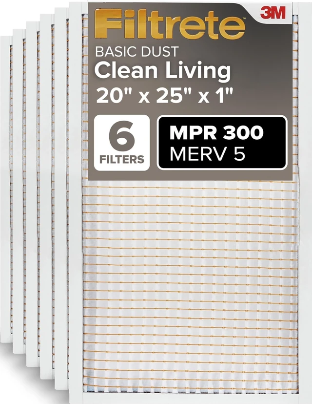 Main image of 20x25x1 Air Filter MERV 5, 6-Pack AC Furnace HVAC Filters for Home, MPR 300 Basic Dust Defense, Pleated Electrostatic Removes Lint & Dust (Actual Size 19.69x24.69x0.81 in)