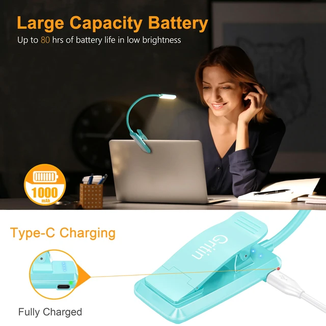 Alt view image 4 of 7 - 9 LED Rechargeable Book Light for Reading in Bed Eye Caring 3 Color Temps,Stepless Dimming Brightness,80 Hrs Runtime Small Lightweight Clip On Book Reading Light-Blue