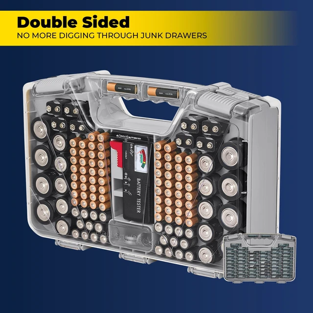 Alt view image 4 of 7 - Battery Daddy Storage & Organizer Case w/Tester, Stores & Protects Up to 180 Batteries, Double-Sided, Clear Locking Lid, Secure Latches & Portable Carrying Handle- Warm Grey (Batteries Not Included)
