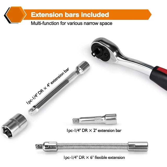 Alt view image 5 of 6 - 46 Pieces 1/4 inch Drive Socket Ratchet Wrench Set Nickel Tool Pearl nickel coating with 72-Teeth Ratchet Wrench S2 Bit Socket Set Suitable Auto Repairing and Household with Storage Case