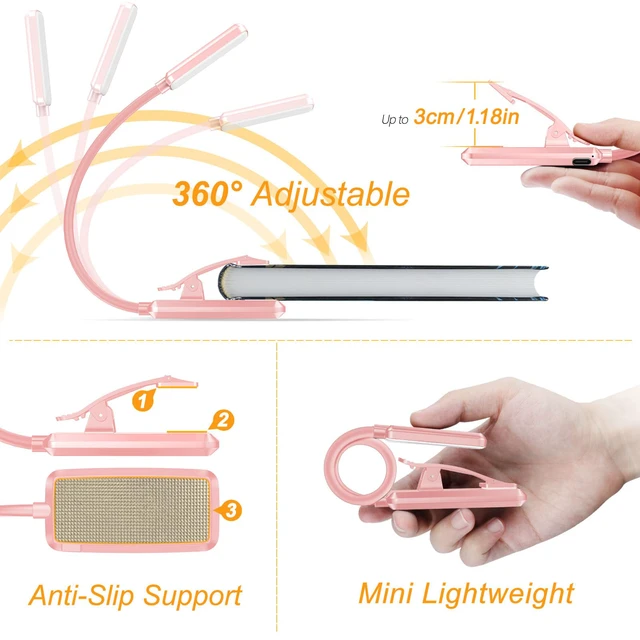 Alt view image 5 of 7 - 9 LED Rechargeable Book Light for Reading in Bed Eye Caring 3 Color Temps,Stepless Dimming Brightness,80 Hrs Runtime Small Lightweight Clip On Book Reading Light-Pink