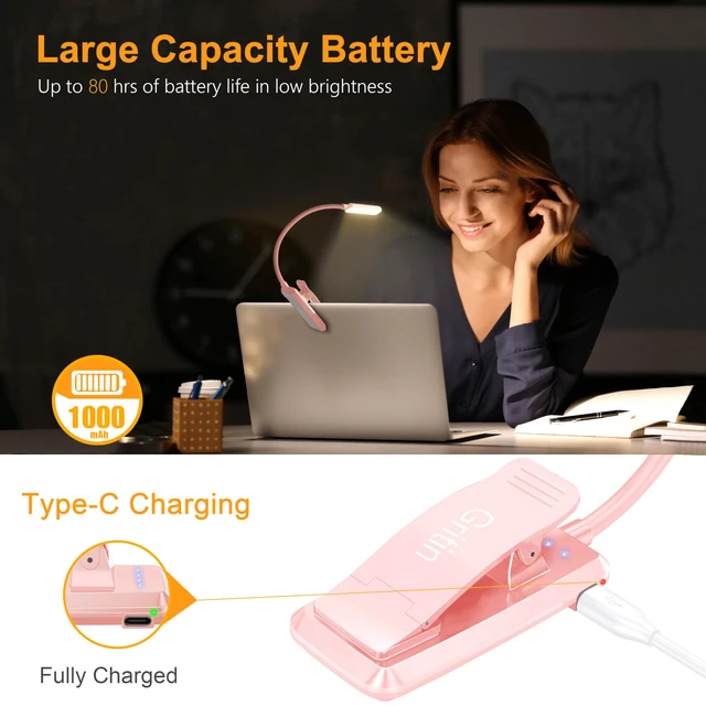 Alt view image 4 of 7 - 9 LED Rechargeable Book Light for Reading in Bed Eye Caring 3 Color Temps,Stepless Dimming Brightness,80 Hrs Runtime Small Lightweight Clip On Book Reading Light-Pink