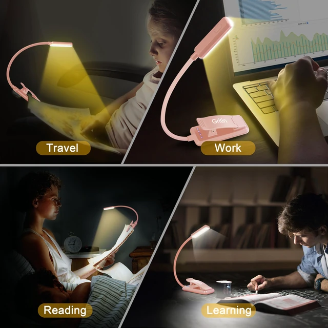 Alt view image 7 of 7 - 9 LED Rechargeable Book Light for Reading in Bed Eye Caring 3 Color Temps,Stepless Dimming Brightness,80 Hrs Runtime Small Lightweight Clip On Book Reading Light-Pink
