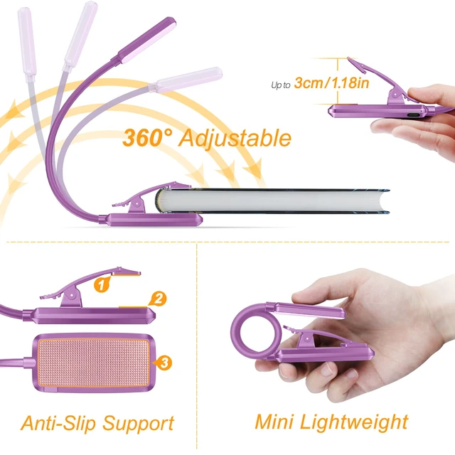 Alt view image 5 of 7 - 9 LED Rechargeable Book Light for Reading in Bed | Eye Caring 3 Color Temps,Stepless Dimming Brightness,80 Hrs Runtime Small Lightweight Clip On Book Reading Light-Dark Purple