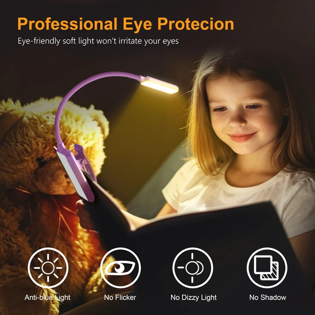 Alt view image 2 of 7 - 9 LED Rechargeable Book Light for Reading in Bed | Eye Caring 3 Color Temps,Stepless Dimming Brightness,80 Hrs Runtime Small Lightweight Clip On Book Reading Light-Dark Purple