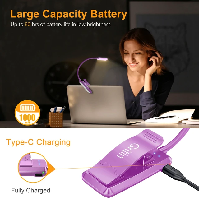 Alt view image 4 of 7 - 9 LED Rechargeable Book Light for Reading in Bed | Eye Caring 3 Color Temps,Stepless Dimming Brightness,80 Hrs Runtime Small Lightweight Clip On Book Reading Light-Dark Purple