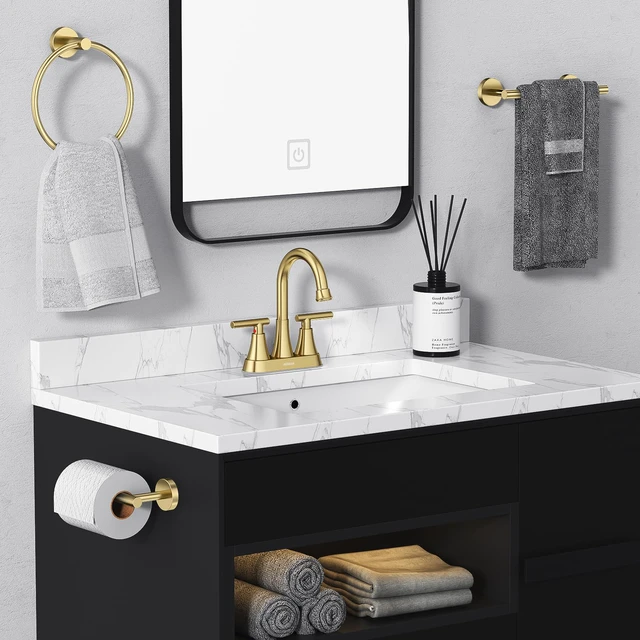Alt view image 6 of 7 - Brushed Gold Bathroom Faucet, 4 inch Centerset 2-Handle Lead-Free Bathroom Sink Faucet with Pop-up Drain and Supply Lines, Stainless Steel Faucet for Vanity RV Restroom Laundry Outdoor Sink