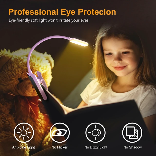 Alt view image 2 of 7 - 9 LED Rechargeable Book Light for Reading in Bed Eye Caring 3 Color Temps,Stepless Dimming Brightness,80 Hrs Runtime Small Lightweight Clip On Book Reading Light-Purple